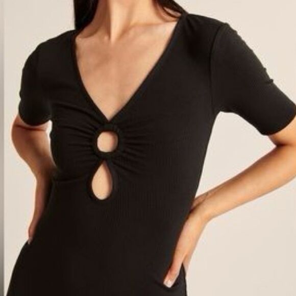 Abercrombie & Fitch- Black Ribbed Midi Dress Side Slit Keyhole Chest Detail- M - Picture 2 of 8